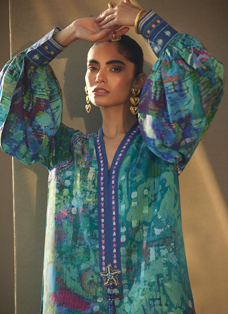 Farah Talib Aziz | Laani The Kaftan Edit | Tulum Blue Crepe-3