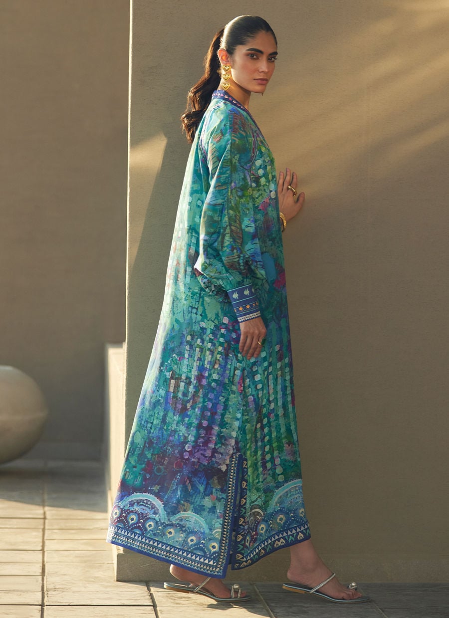 Farah Talib Aziz | Laani The Kaftan Edit | Tulum Blue Crepe-2
