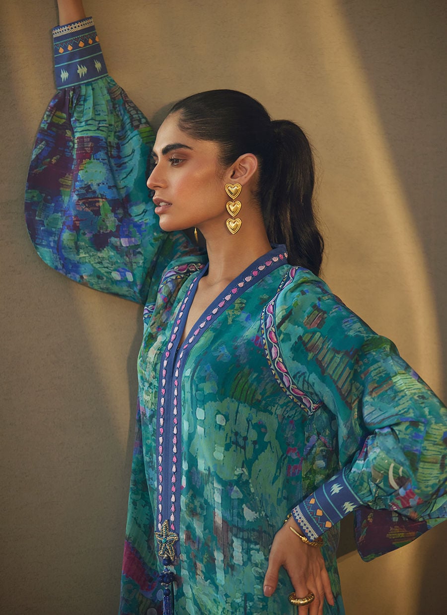 Farah Talib Aziz | Laani The Kaftan Edit | Tulum Blue Crepe-4