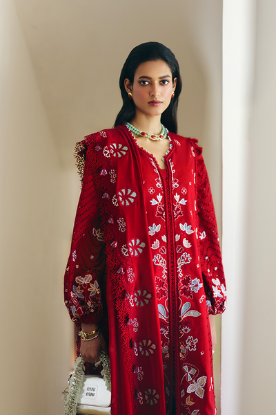 Suffuse Crimsal coral red embroidered cotton suit, photo 4