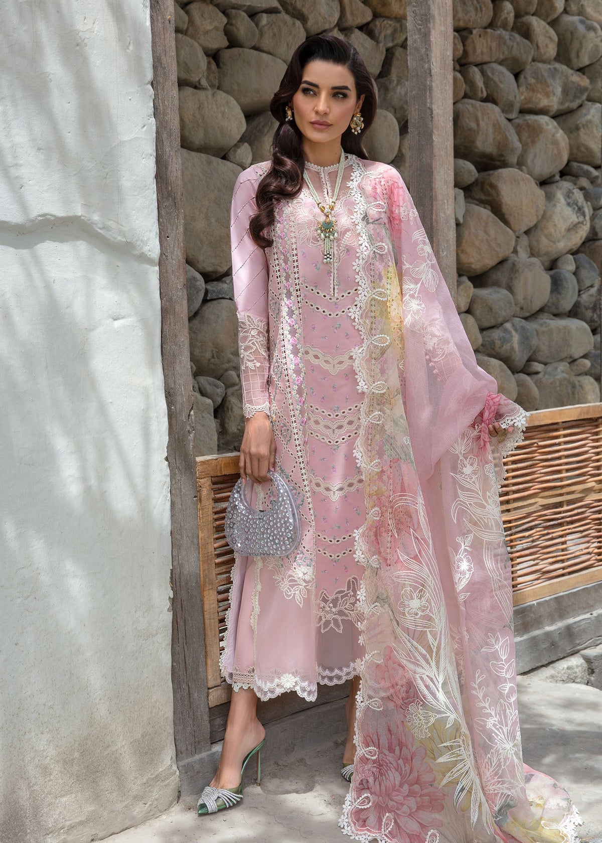 Crimson | Lawn 2024 | A Floral Mesh - Rose Pink -  Crimson Luxury - Original Designer Dress - House of Maryam