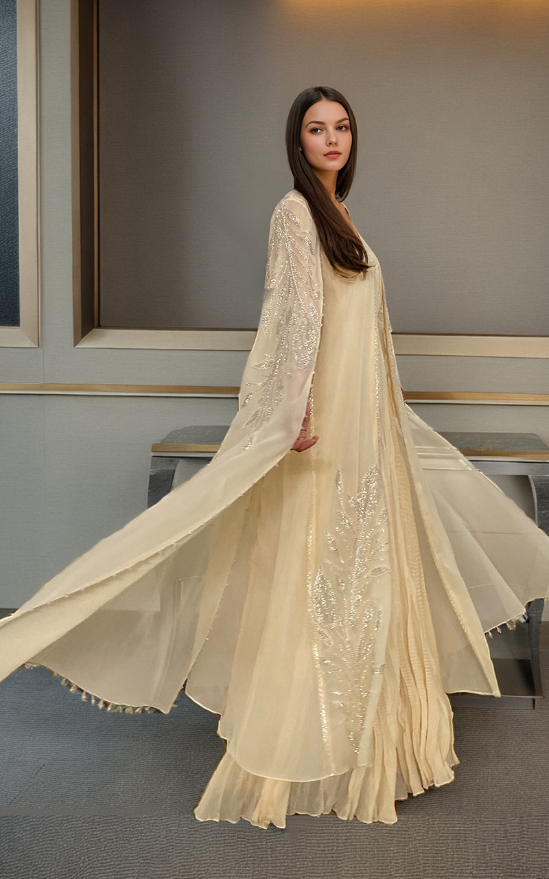 Threads and Motifs | Formal Dresses 25 | Chiffon Embroidered Cape With Crushed Maxi -  Threads and Motifs Ladies Clothes - Original Designer Dress - House of Maryam