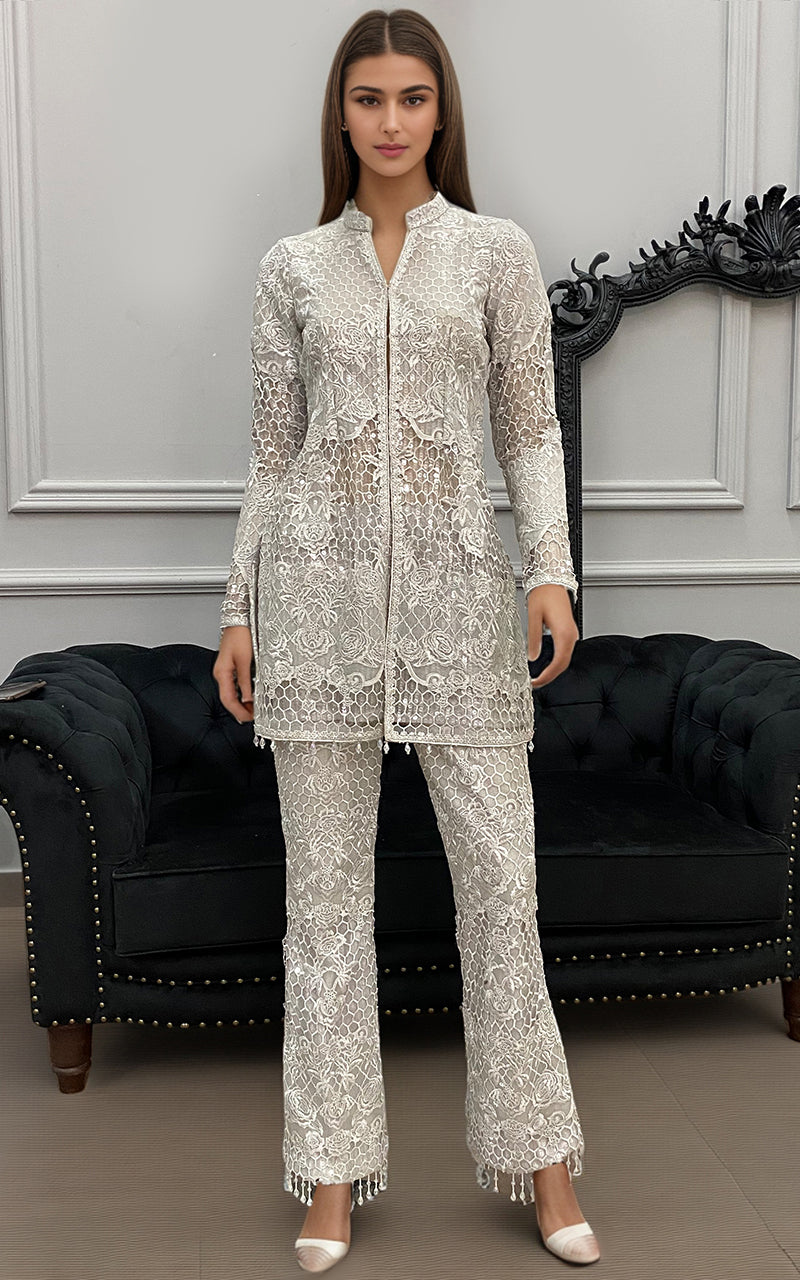 Threads and Motifs | Formal Dresses 25 | Organza Embroidered Jacket with Trouser -  Threads and Motifs Ladies Clothes - Original Designer Dress - House of Maryam
