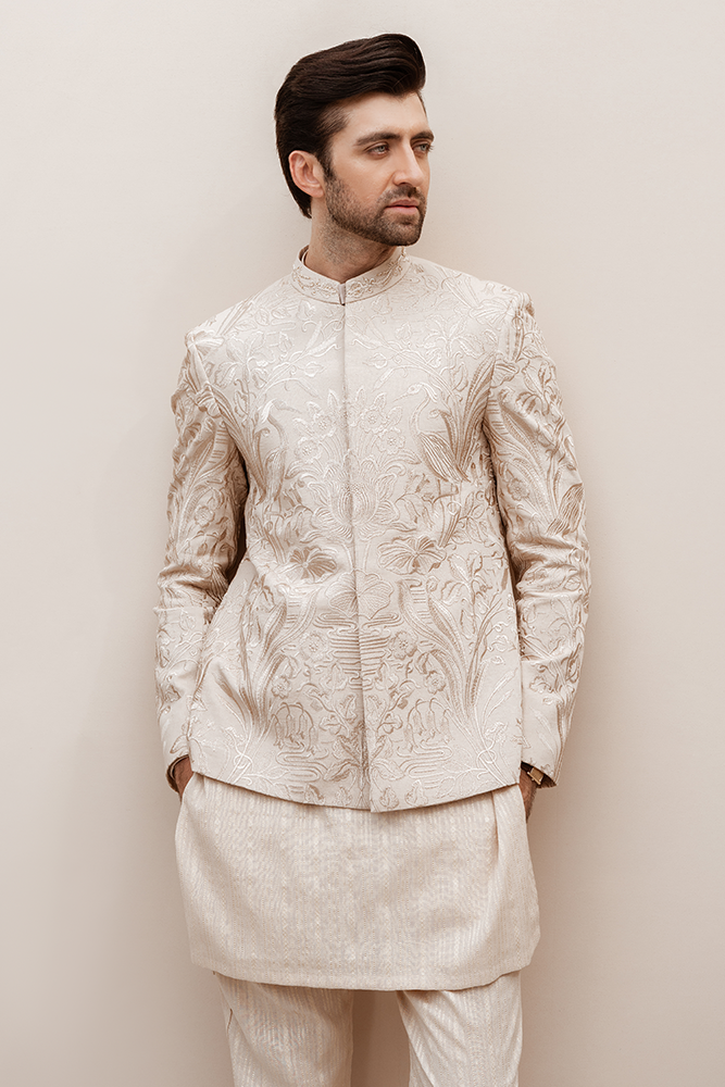 Republic By Omar Farooq | Luxury Rtw | Beige Embroidered Prince Coat -  Republic by Omar Farooq Luxury RTW - Original Designer Dress - House of Maryam