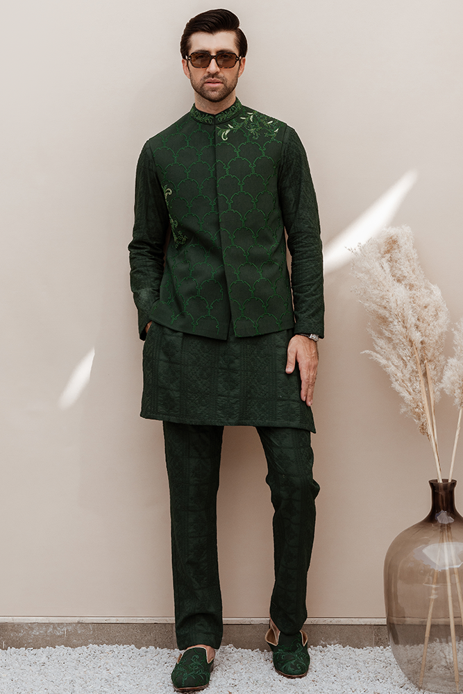 Republic By Omar Farooq | Luxury Rtw | Green Floral Embroidered Waistcoat -  Republic by Omar Farooq Luxury RTW - Original Designer Dress - House of Maryam