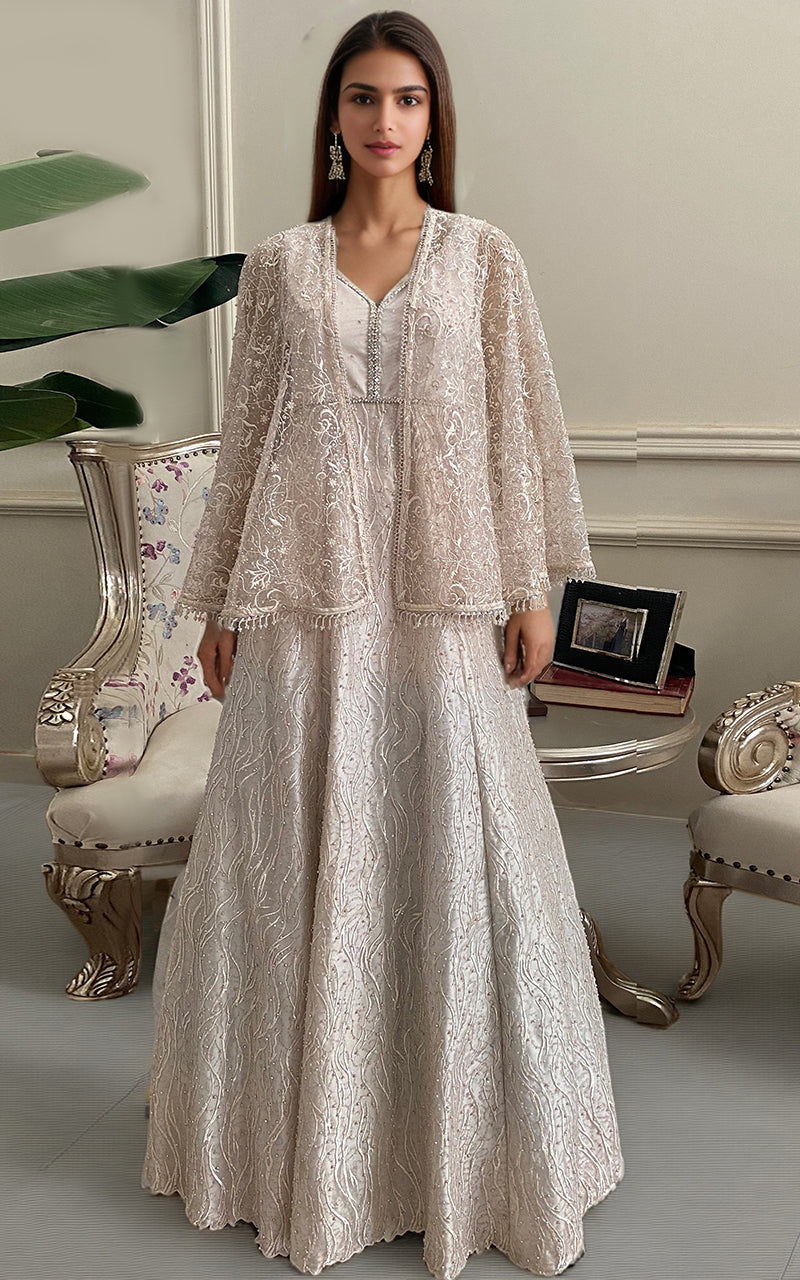 Threads and Motifs | Formal Dresses 25 | Net Embroidered Maxi With Embroidered Cape -  Threads and Motifs Ladies Clothes - Original Designer Dress - House of Maryam
