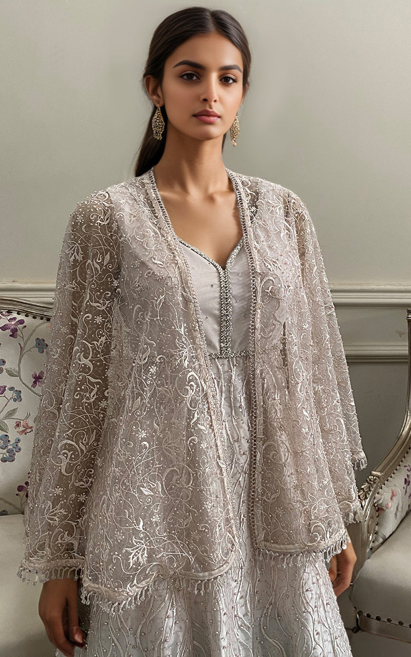 Threads and Motifs | Formal Dresses 25 | Net Embroidered Maxi With Embroidered Cape -  Threads and Motifs Ladies Clothes - Original Designer Dress - House of Maryam