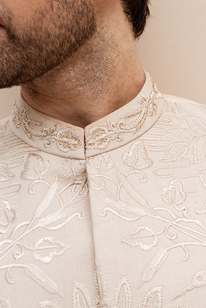 Republic By Omar Farooq | Luxury Rtw | Beige Embroidered Prince Coat -  Republic by Omar Farooq Luxury RTW - Original Designer Dress - House of Maryam