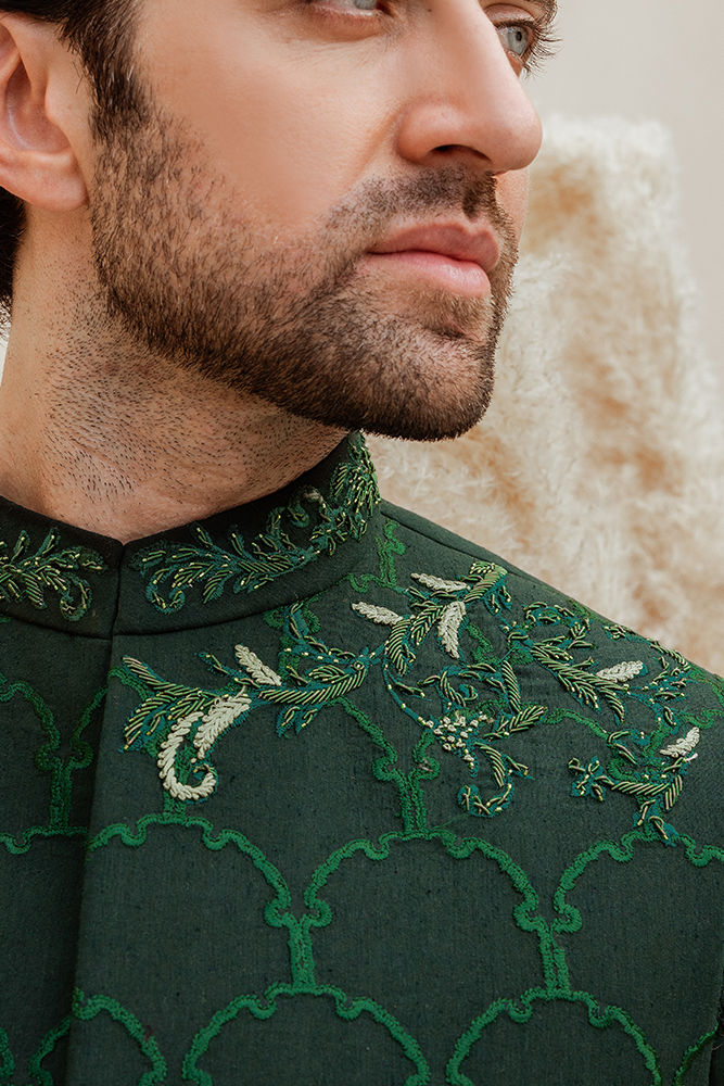 Republic By Omar Farooq | Luxury Rtw | Green Floral Embroidered Waistcoat