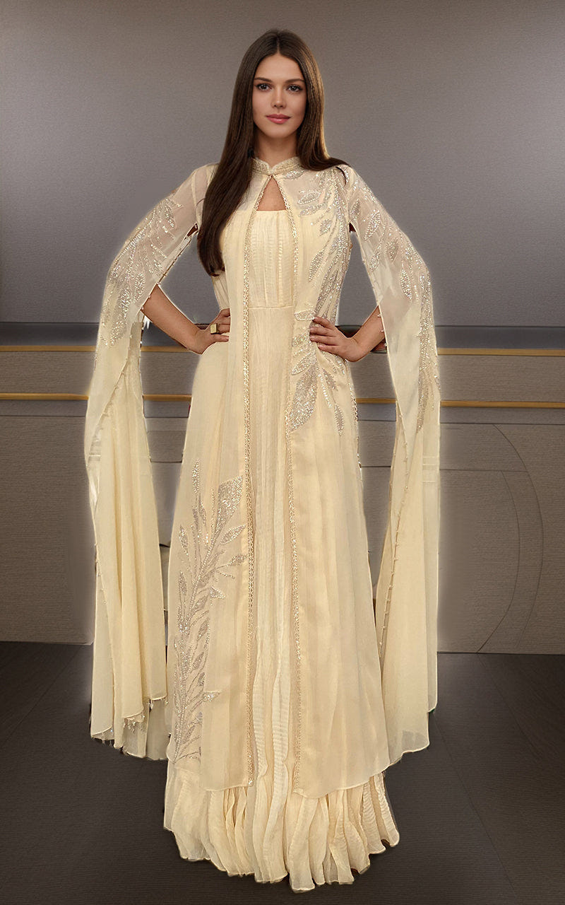 Threads and Motifs | Formal Dresses 25 | Chiffon Embroidered Cape With Crushed Maxi -  Threads and Motifs Ladies Clothes - Original Designer Dress - House of Maryam