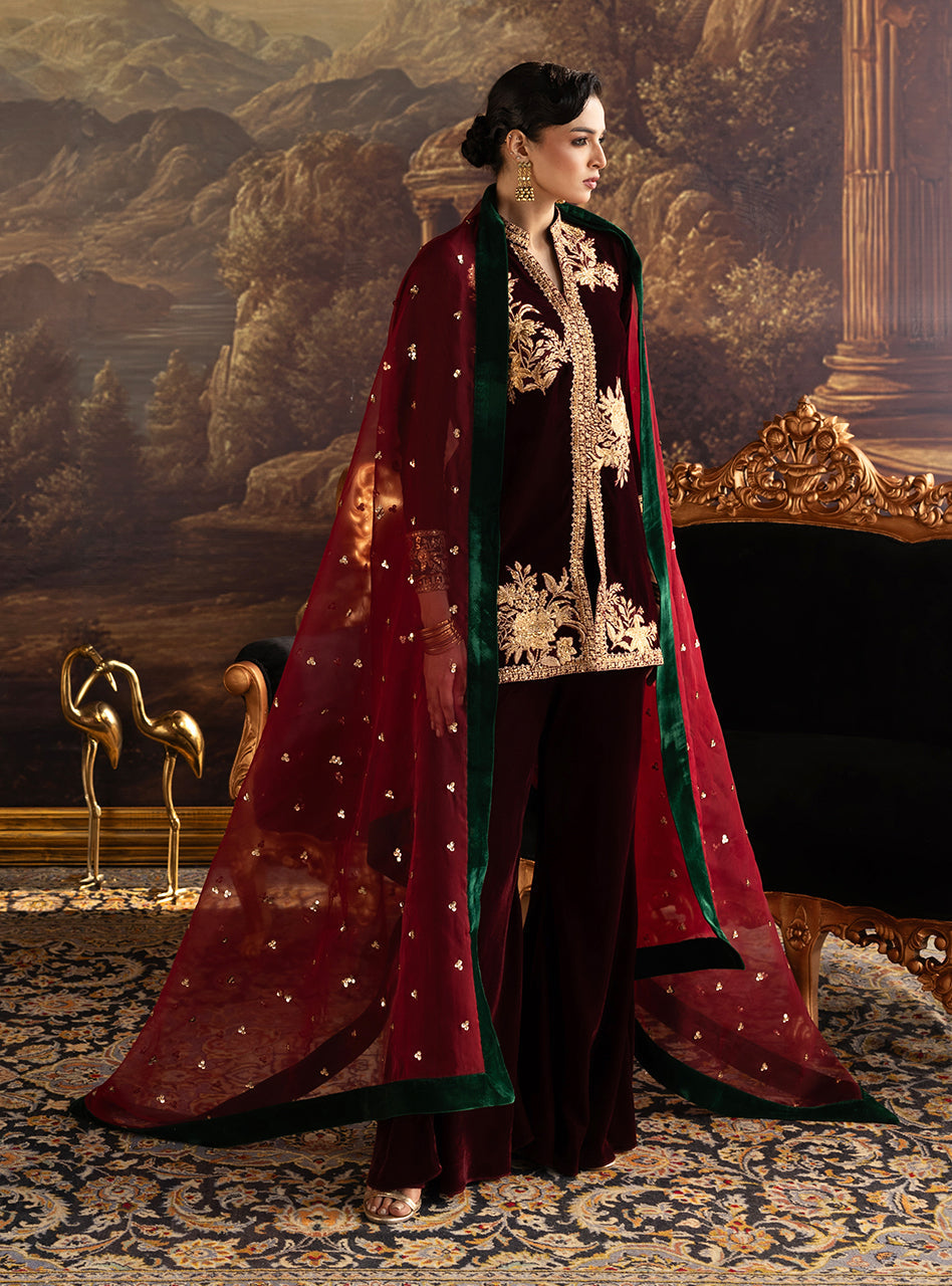Zainab Chottani | Velura Velvet Edit 25 | Claret Flared Pants, image 4