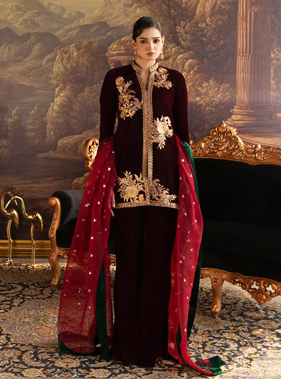 Zainab Chottani | Velura Velvet Edit 25 | Claret Flared Pants