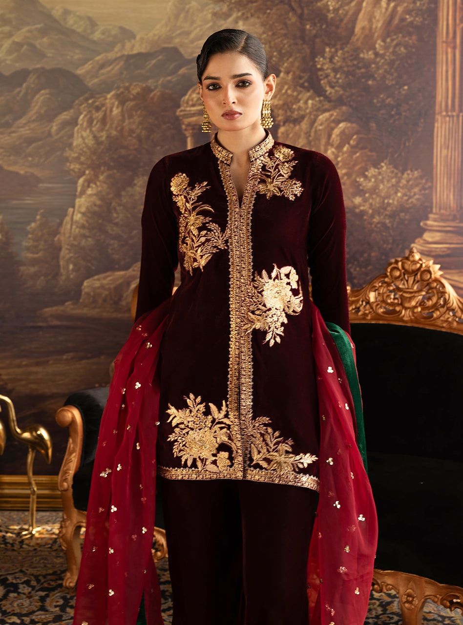 Zainab Chottani | Velura Velvet Edit 25 | Claret Flared Pants, image 3