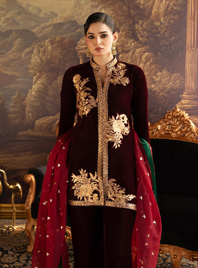Zainab Chottani | Velura Velvet Edit 25 | Claret Flared Pants