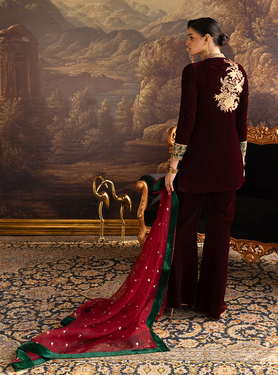 Zainab Chottani | Velura Velvet Edit 25 | Claret Flared Pants, image 2