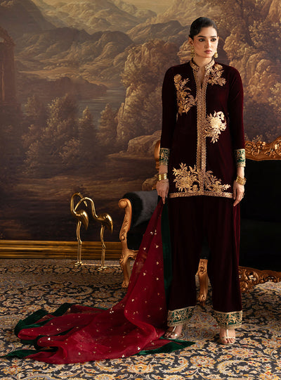 Zainab Chottani | Velura Velvet Edit 25 | Claret Farshi