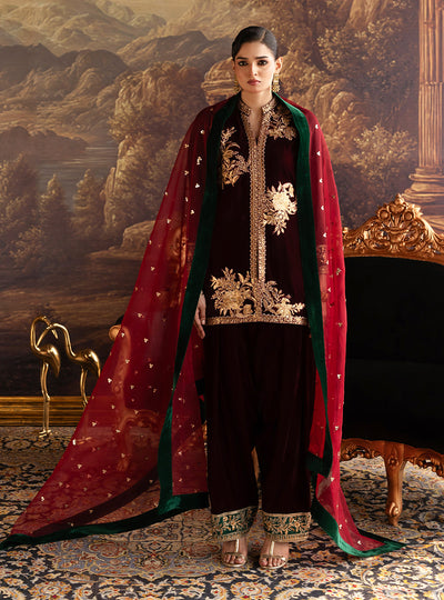Zainab Chottani | Velura Velvet Edit 25 | Claret Farshi