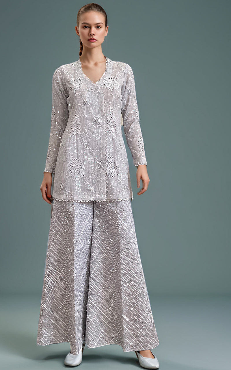 Threads and Motifs | Formal Dresses 25 | Chiffon Chikankari Embroidered Angrakha with Net embroidered trouser -  Threads and Motifs Ladies Clothes - Original Designer Dress - House of Maryam