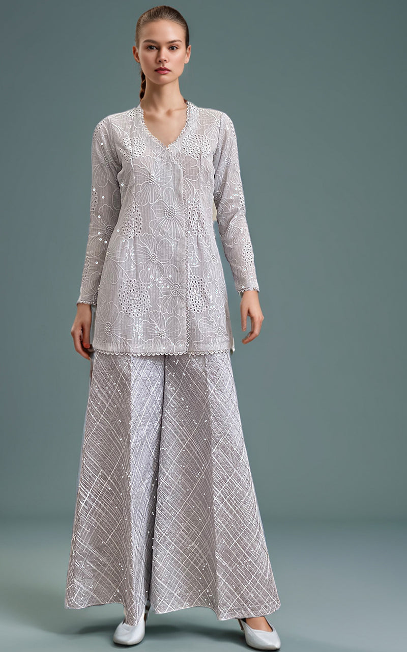 Threads and Motifs | Formal Dresses 25 | Chiffon Chikankari Embroidered Angrakha with Net embroidered trouser -  Threads and Motifs Ladies Clothes - Original Designer Dress - House of Maryam