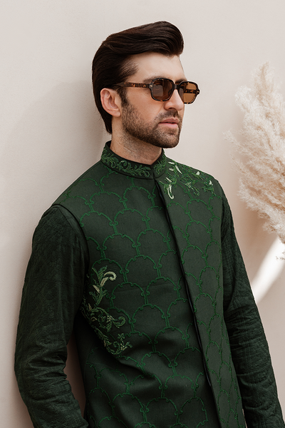 Republic By Omar Farooq | Luxury Rtw | Green Floral Embroidered Waistcoat -  Republic by Omar Farooq Luxury RTW - Original Designer Dress - House of Maryam