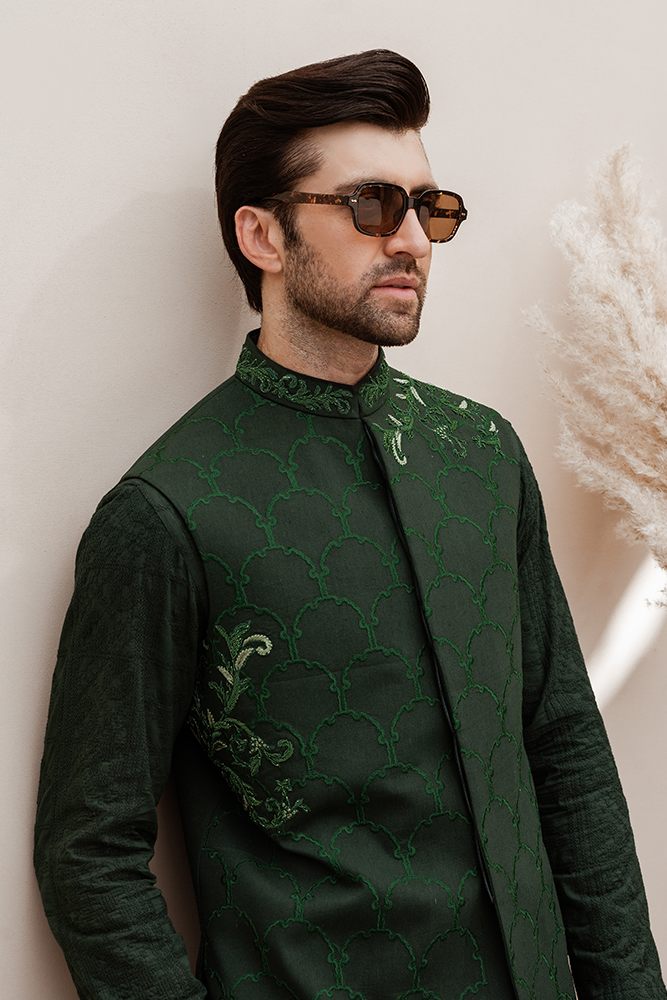 Republic By Omar Farooq | Luxury Rtw | Green Floral Embroidered Waistcoat -  Republic by Omar Farooq Luxury RTW - Original Designer Dress - House of Maryam