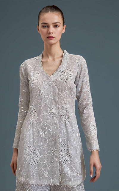 Threads and Motifs | Formal Dresses 25 | Chiffon Chikankari Embroidered Angrakha with Net embroidered trouser -  Threads and Motifs Ladies Clothes - Original Designer Dress - House of Maryam