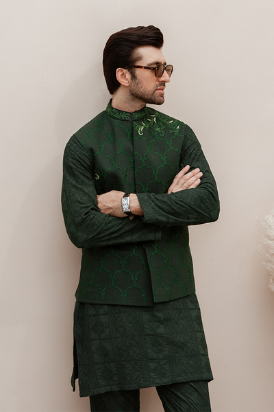 Republic By Omar Farooq | Luxury Rtw | Green Floral Embroidered Waistcoat -  Republic by Omar Farooq Luxury RTW - Original Designer Dress - House of Maryam