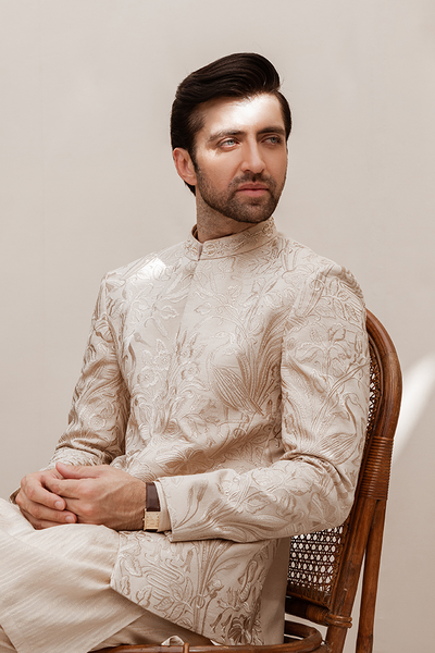 Republic By Omar Farooq | Luxury Rtw | Beige Embroidered Prince Coat -  Republic by Omar Farooq Luxury RTW - Original Designer Dress - House of Maryam