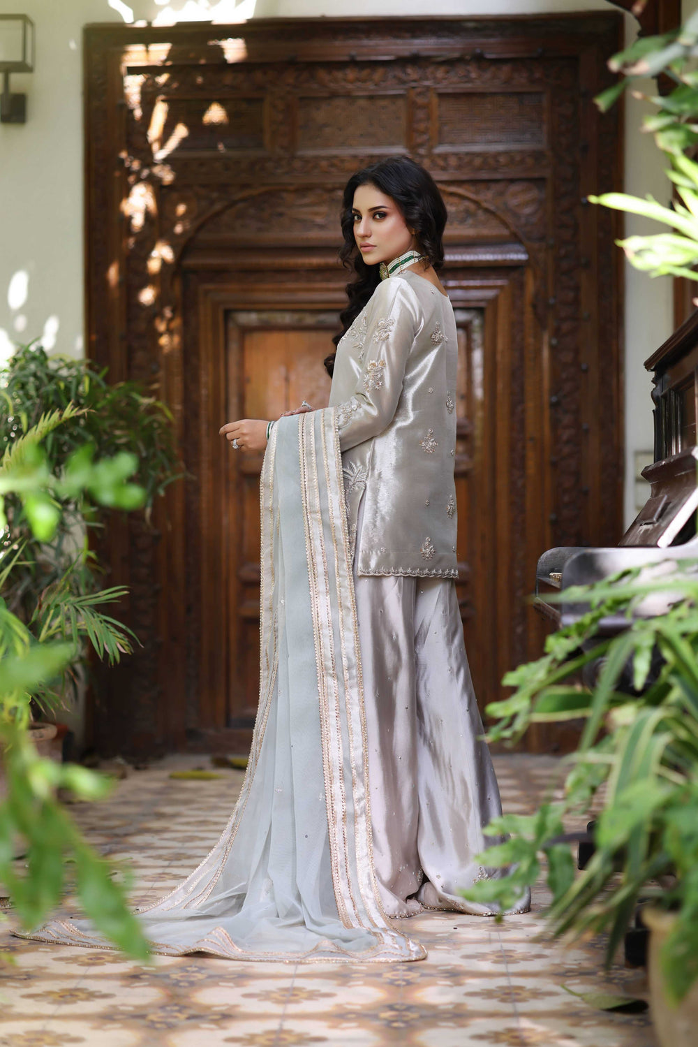 Wahaj M Khan | Nur Festive | Wine Gold Tissue Pallazo, image 2