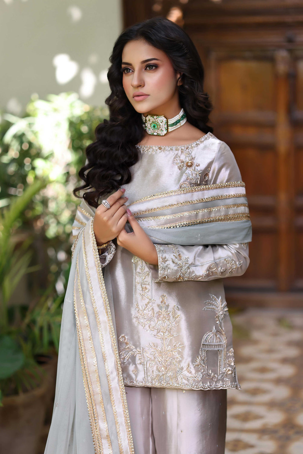 Wahaj M Khan | Nur Festive | Wine Gold Tissue Pallazo, image 5