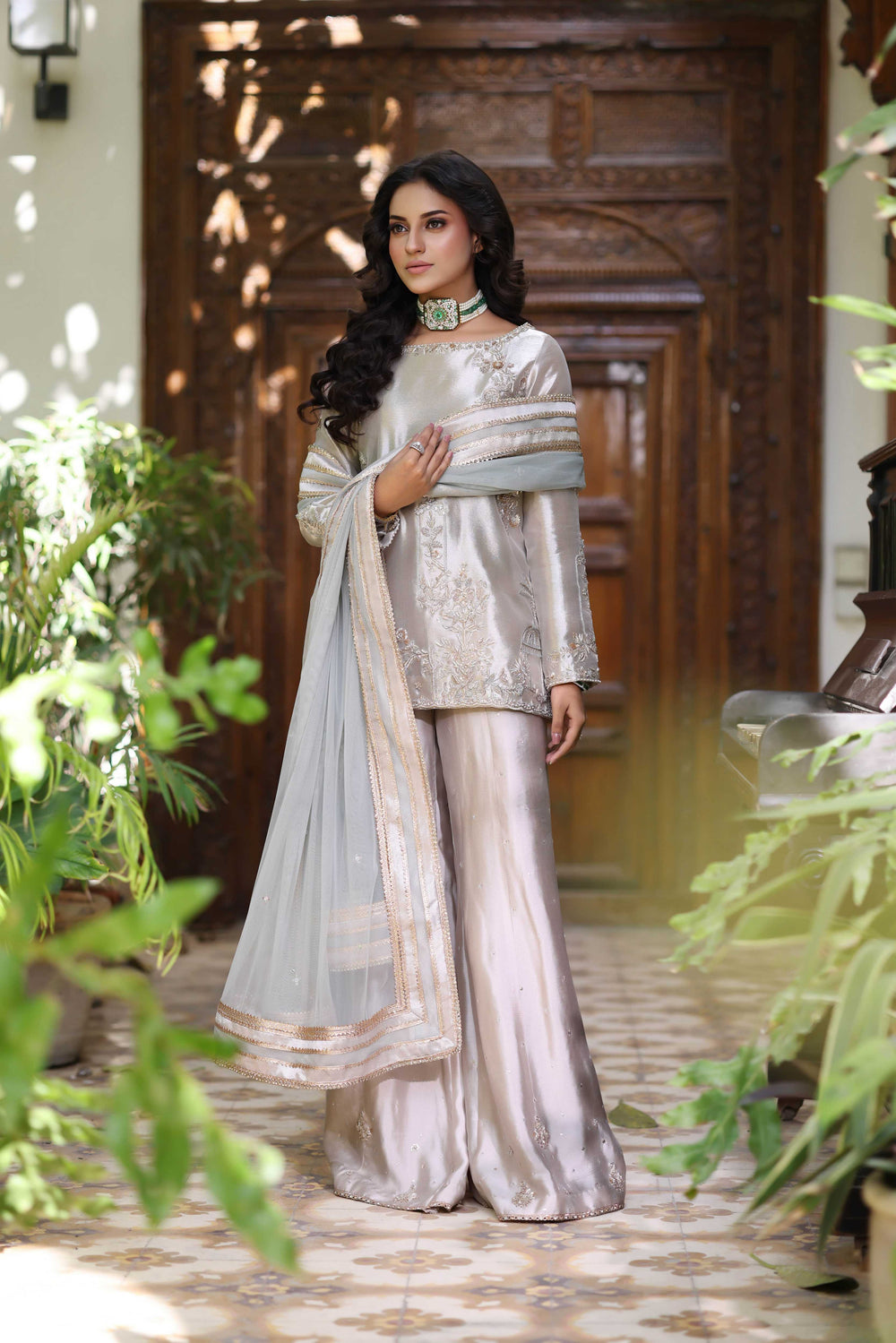 Wahaj M Khan | Nur Festive | Wine Gold Tissue Pallazo, image 4