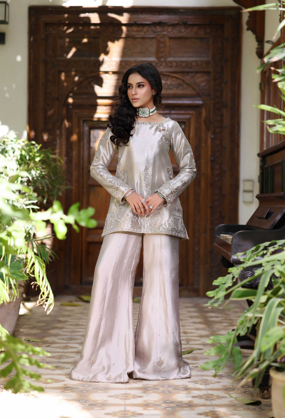 Wahaj M Khan | Nur Festive | Wine Gold Tissue Pallazo, image 6