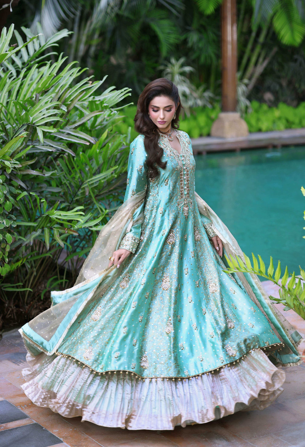 Wahaj M Khan | Nur Festive | Two-Toned Green Sheesha Block Nur Anarkali, image 8