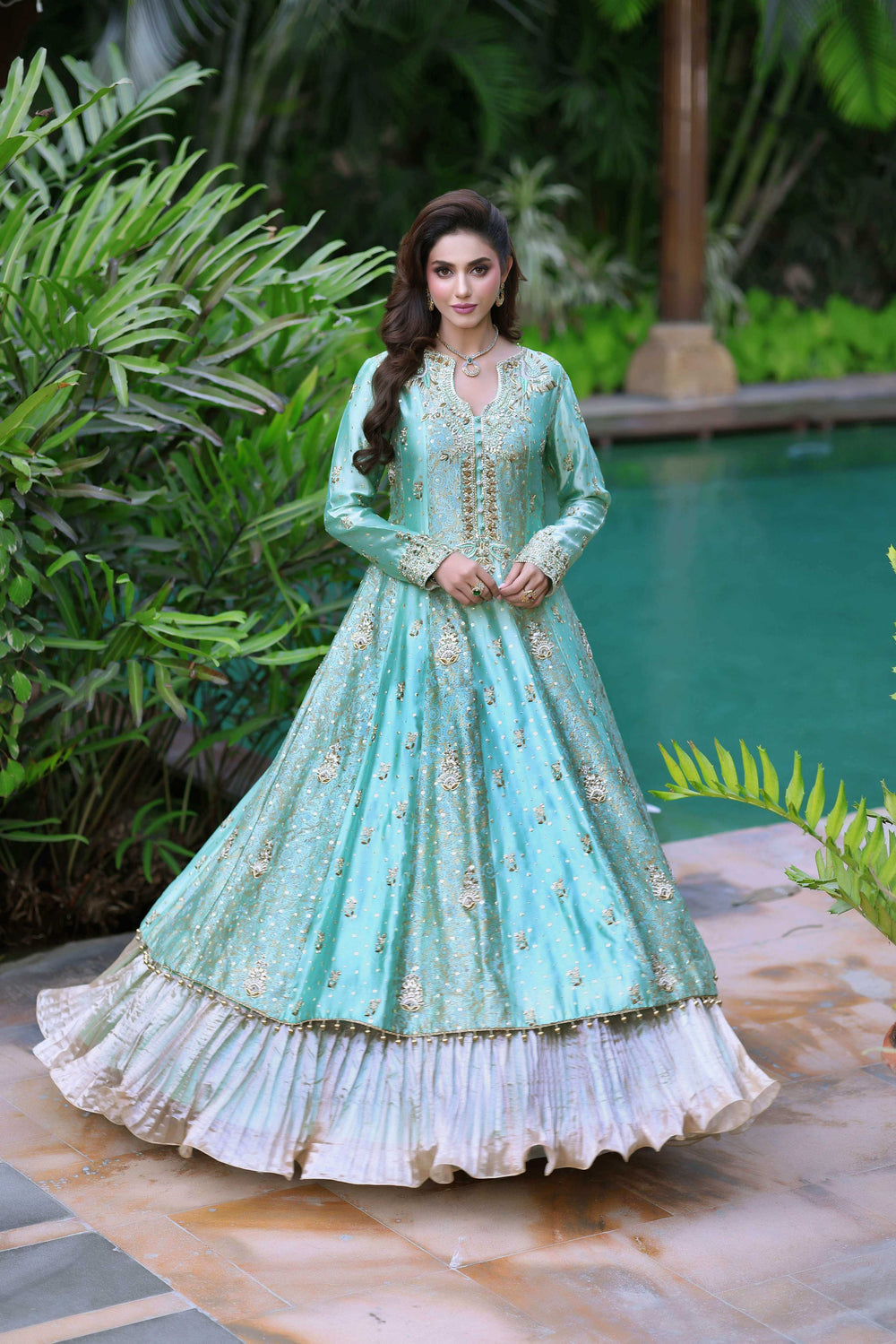 Wahaj M Khan | Nur Festive | Two-Toned Green Sheesha Block Nur Anarkali, image 7
