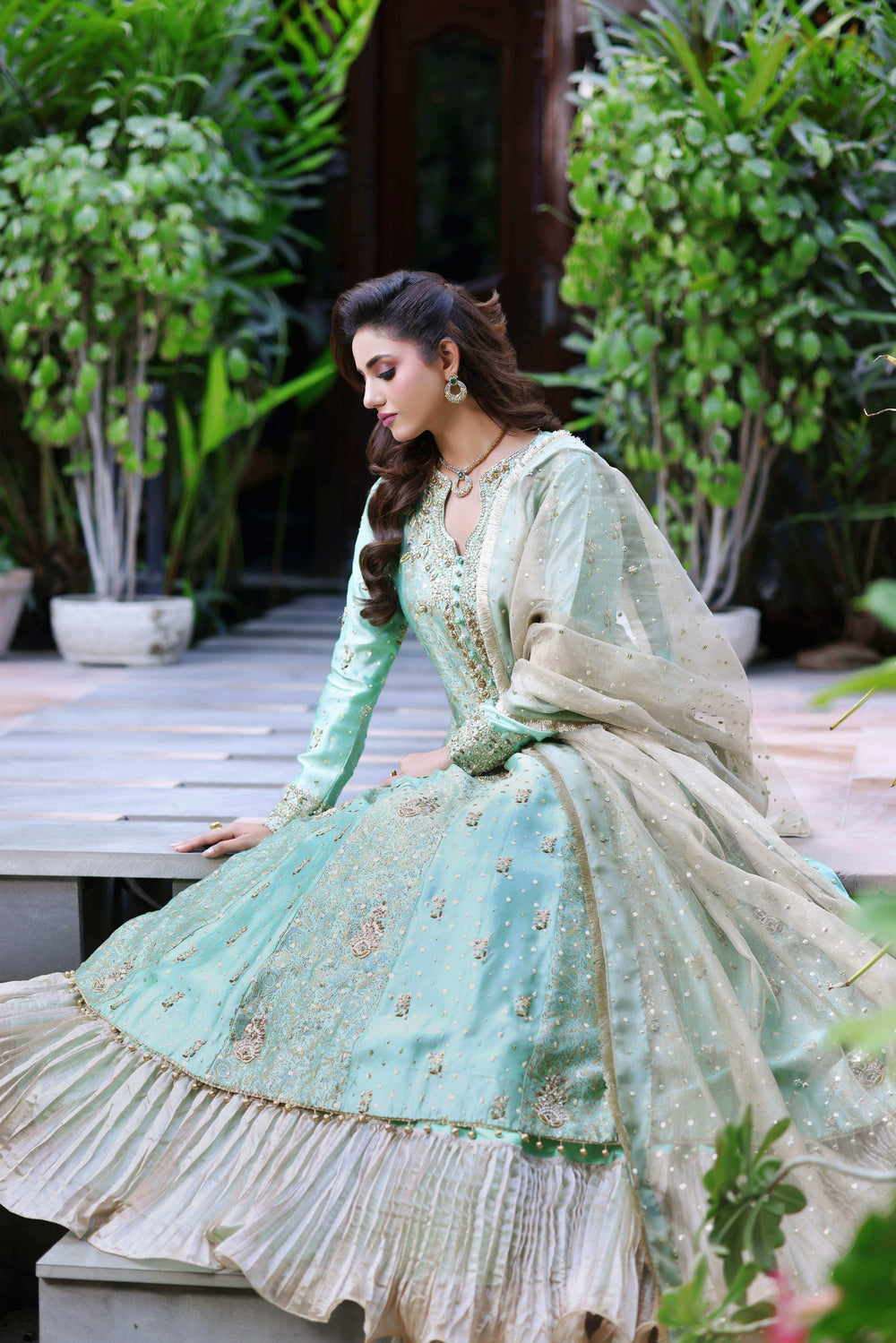 Wahaj M Khan | Nur Festive | Two-Toned Green Sheesha Block Nur Anarkali, image 6