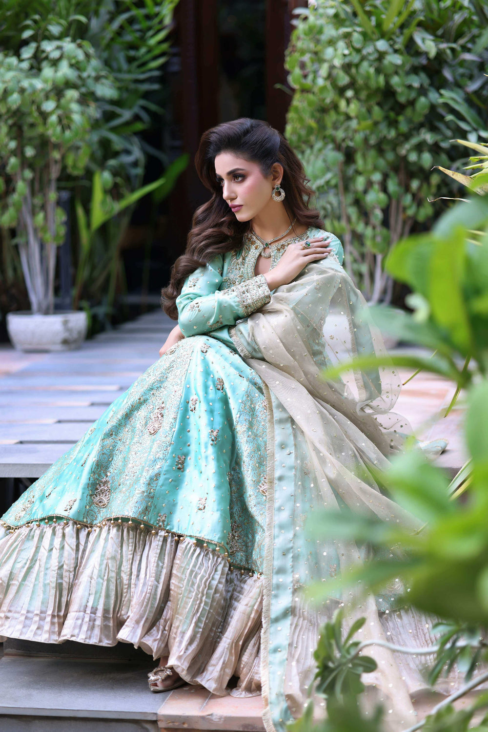 Wahaj M Khan | Nur Festive | Two-Toned Green Sheesha Block Nur Anarkali, image 5