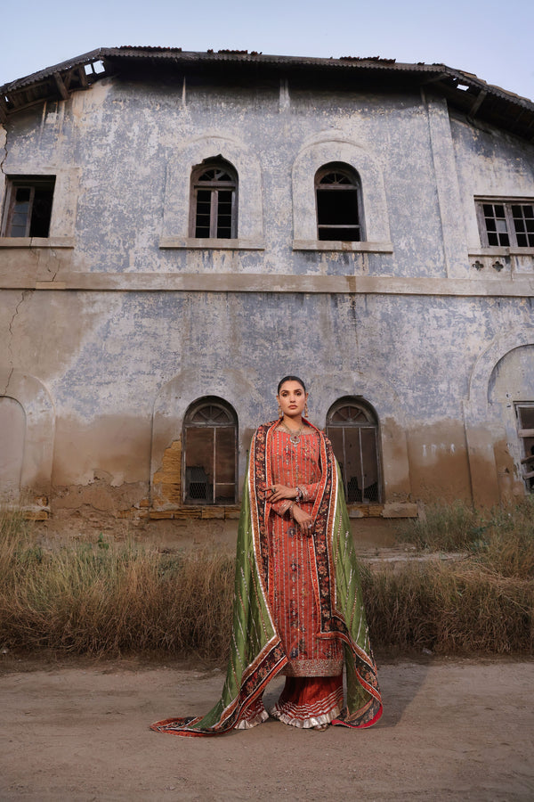 Wahaj M Khan | Banno Wedding Formals |Peachy Rust Printed Set, image 8