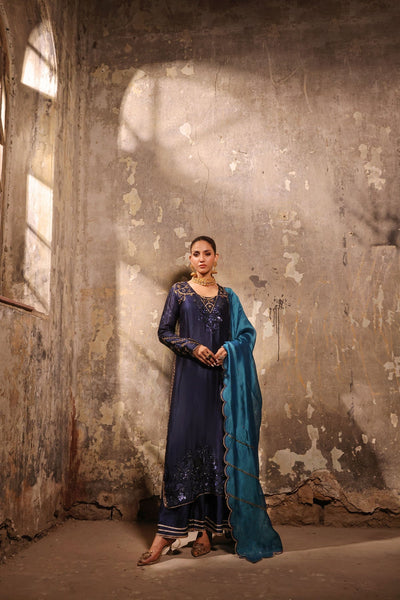 Wahaj M Khan | Banno Wedding Formals | Navy Slit Bano Silk