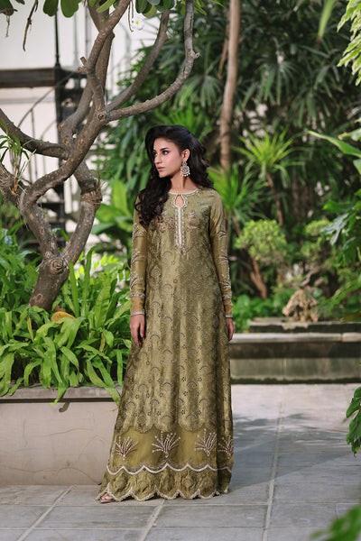 Wahaj M Khan | Nur Festive | Muted Antique Olive Kaftan Set