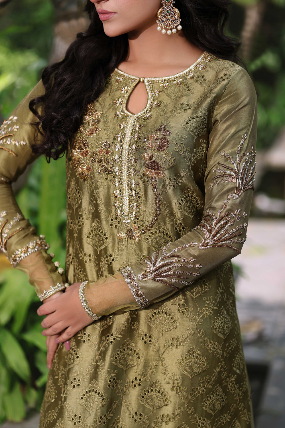 Wahaj M Khan | Nur Festive | Muted Antique Olive Kaftan Set, image 3