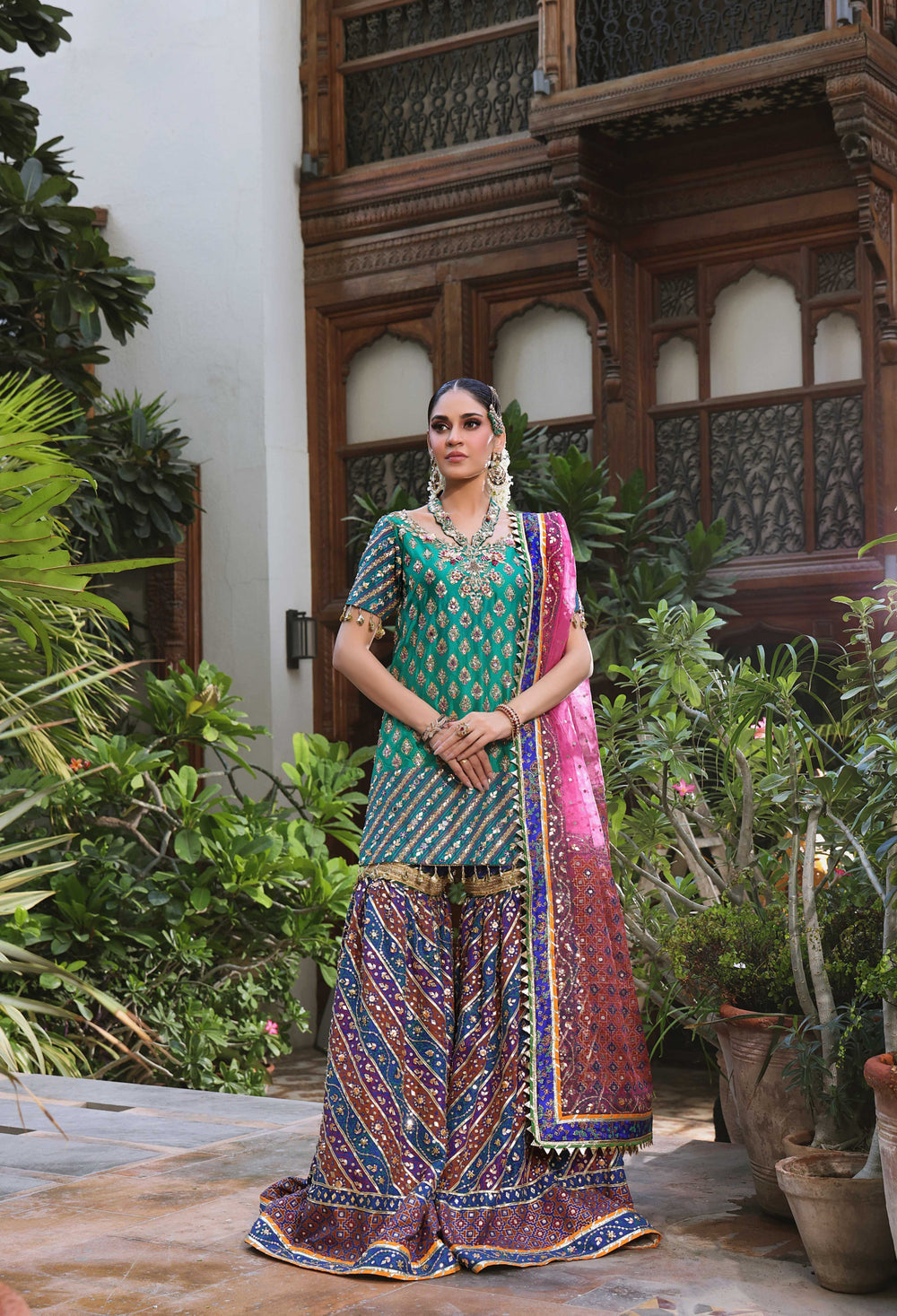 Wahaj M Khan | Nur Festive | Green Blue Gharara Nur Block Set