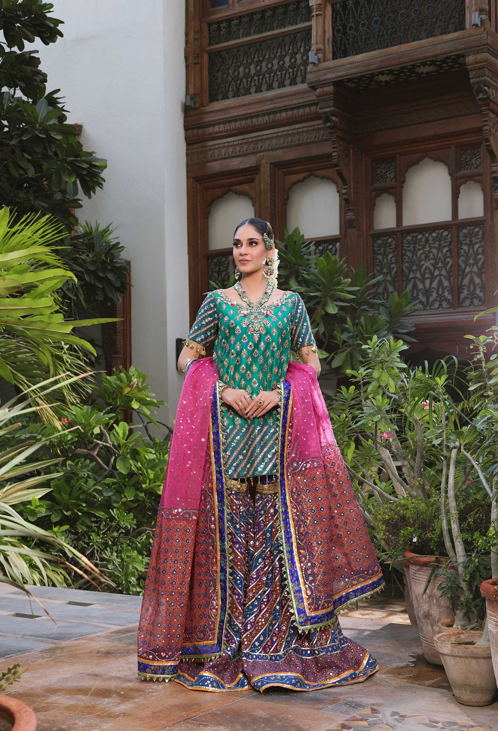 Wahaj M Khan | Nur Festive | Green Blue Gharara Nur Block Set, image 6