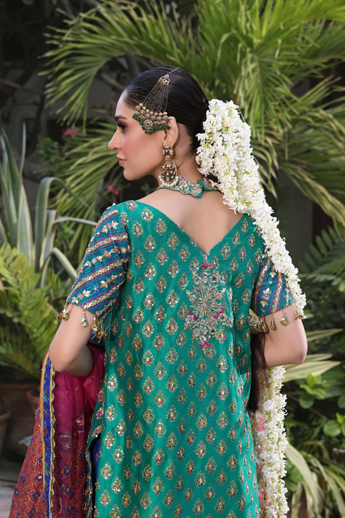 Wahaj M Khan | Nur Festive | Green Blue Gharara Nur Block Set, image 5