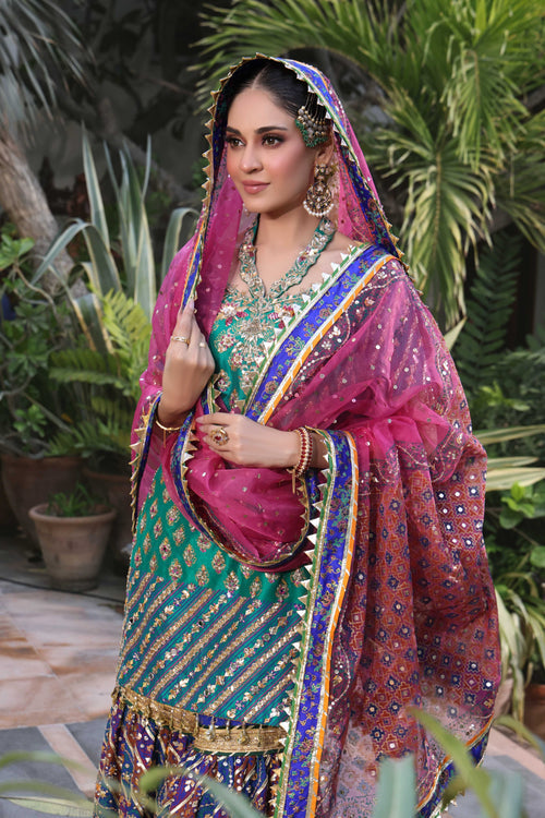 Wahaj M Khan | Nur Festive | Green Blue Gharara Nur Block Set, image 4