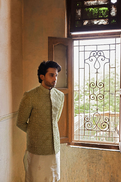 Republic By Omar Farooq | Clothing | Mint Green Damask Prince Coat -  Republic by Omar Farooq Clothing - Original Designer Dress - House of Maryam