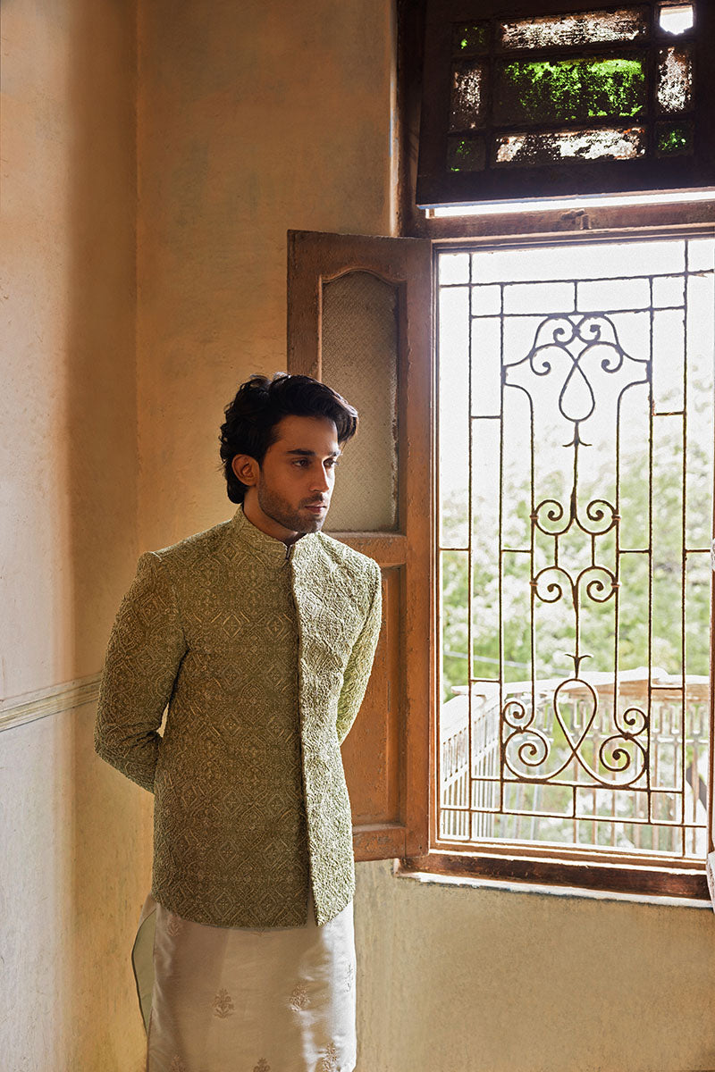 Republic By Omar Farooq | Clothing | Mint Green Damask Prince Coat -  Republic by Omar Farooq Clothing - Original Designer Dress - House of Maryam