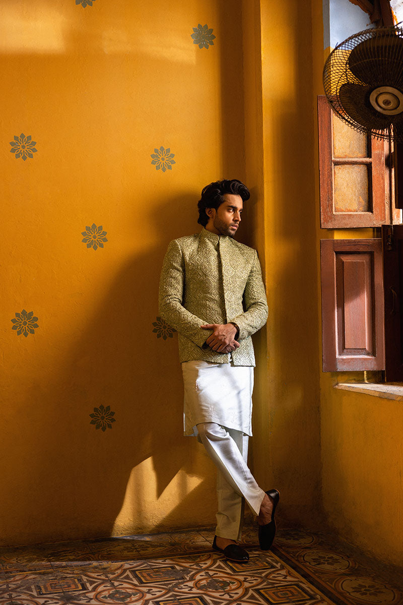 Republic By Omar Farooq | Clothing | Mint Green Damask Prince Coat -  Republic by Omar Farooq Clothing - Original Designer Dress - House of Maryam