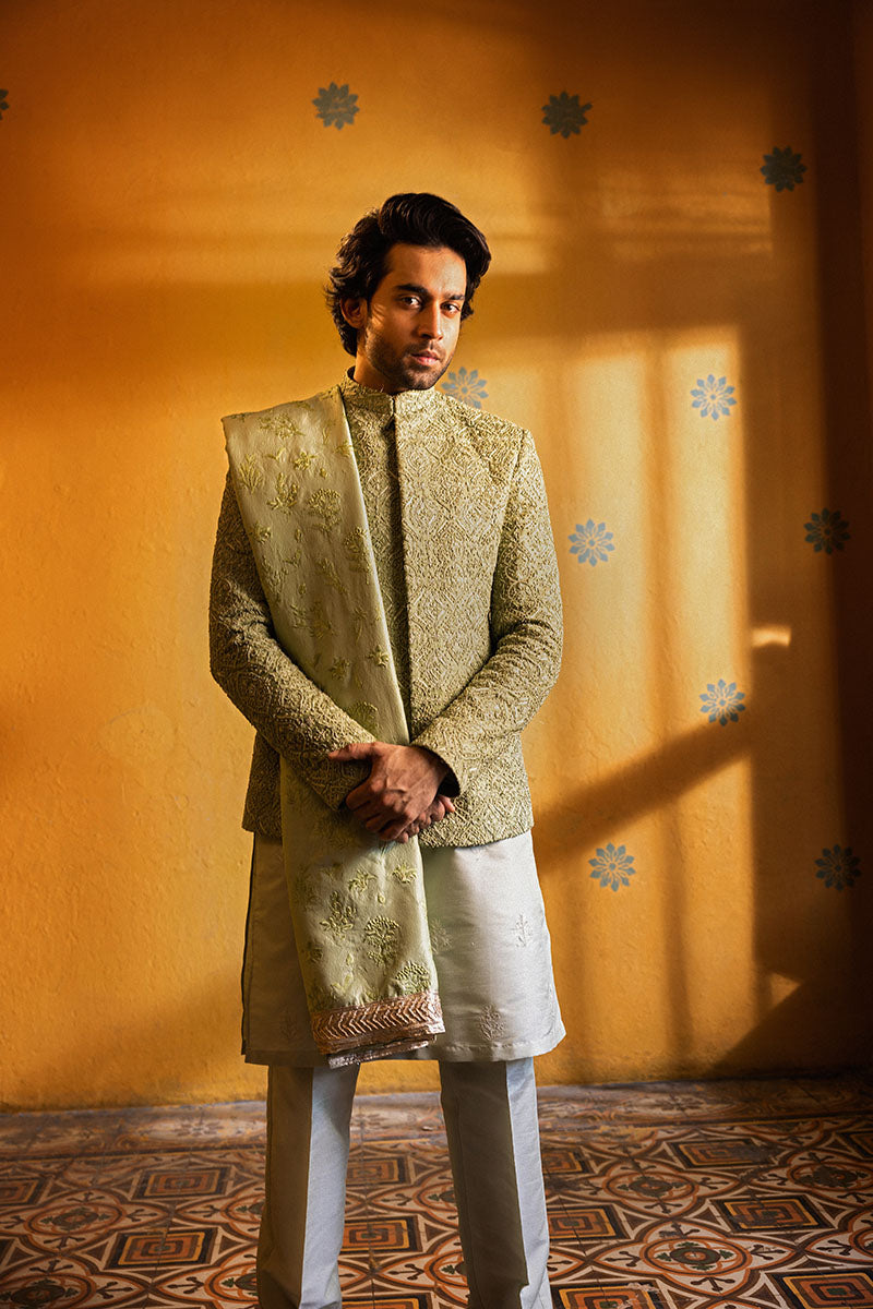 Republic By Omar Farooq | Clothing | Mint Green Damask Prince Coat -  Republic by Omar Farooq Clothing - Original Designer Dress - House of Maryam