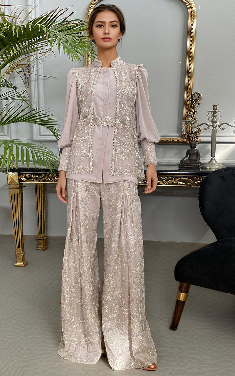 Threads and Motifs | Formal Dresses 25 | Net Embroidered Jacket With Chiffon Shirt And Embroidered Trouser -  Threads and Motifs Ladies Clothes - Original Designer Dress - House of Maryam