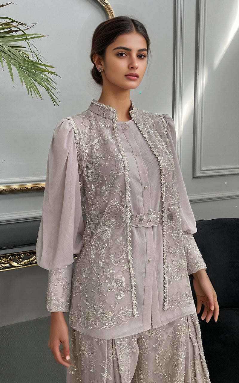 Threads and Motifs | Formal Dresses 25 | Net Embroidered Jacket With Chiffon Shirt And Embroidered Trouser -  Threads and Motifs Ladies Clothes - Original Designer Dress - House of Maryam
